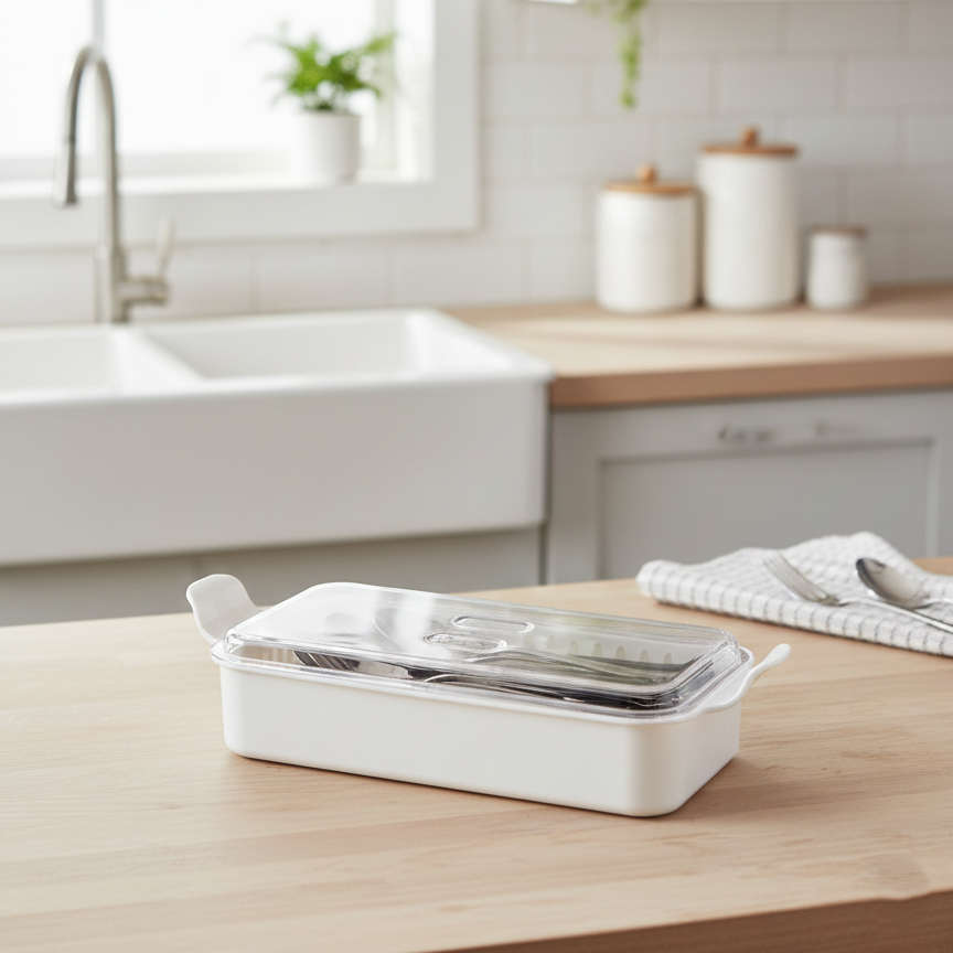 Cutlery Box with Lid and Drain