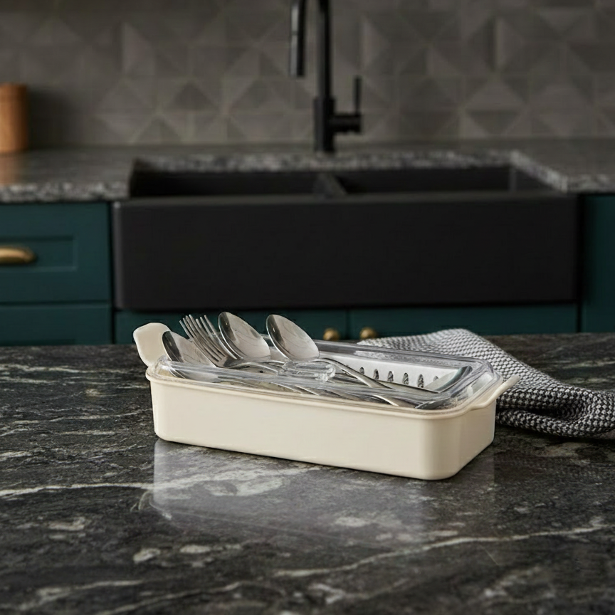 Cutlery Box with Lid and Drain