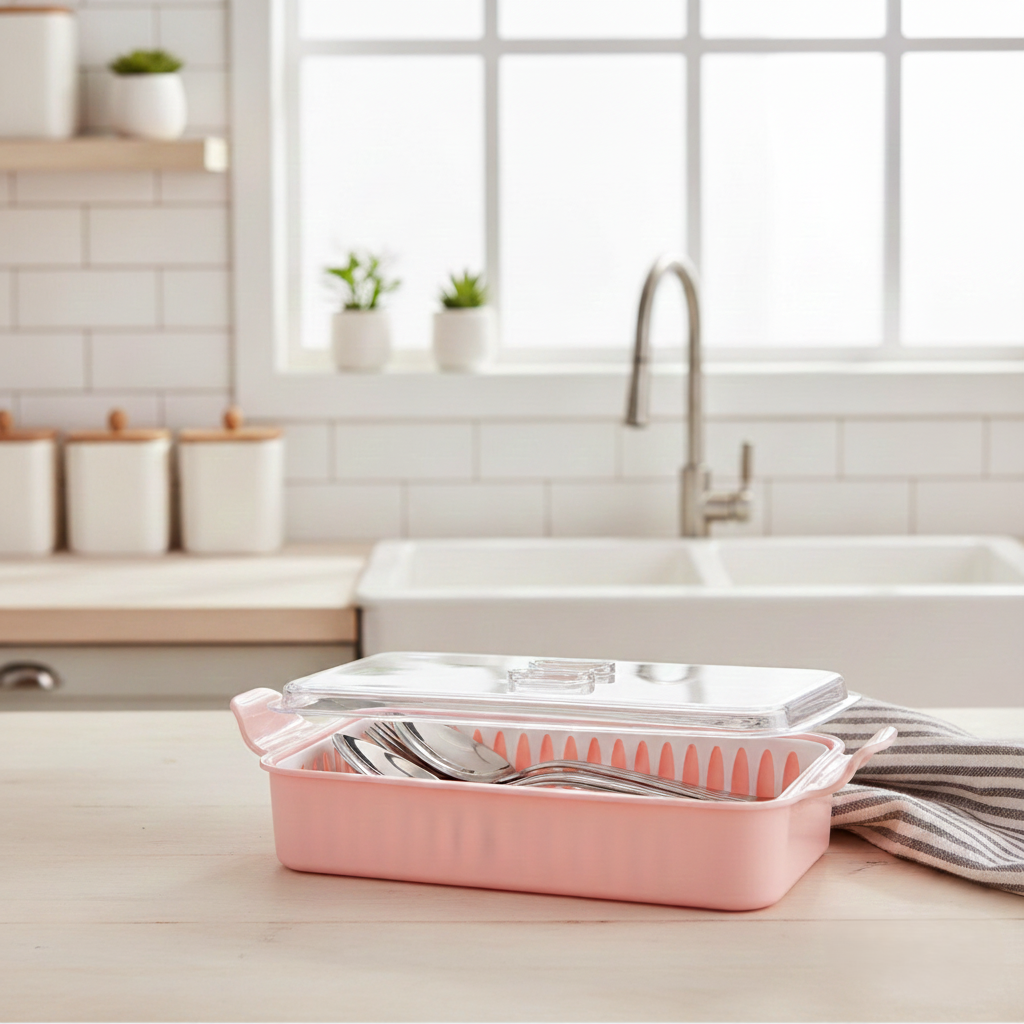 Cutlery Box with Lid and Drain