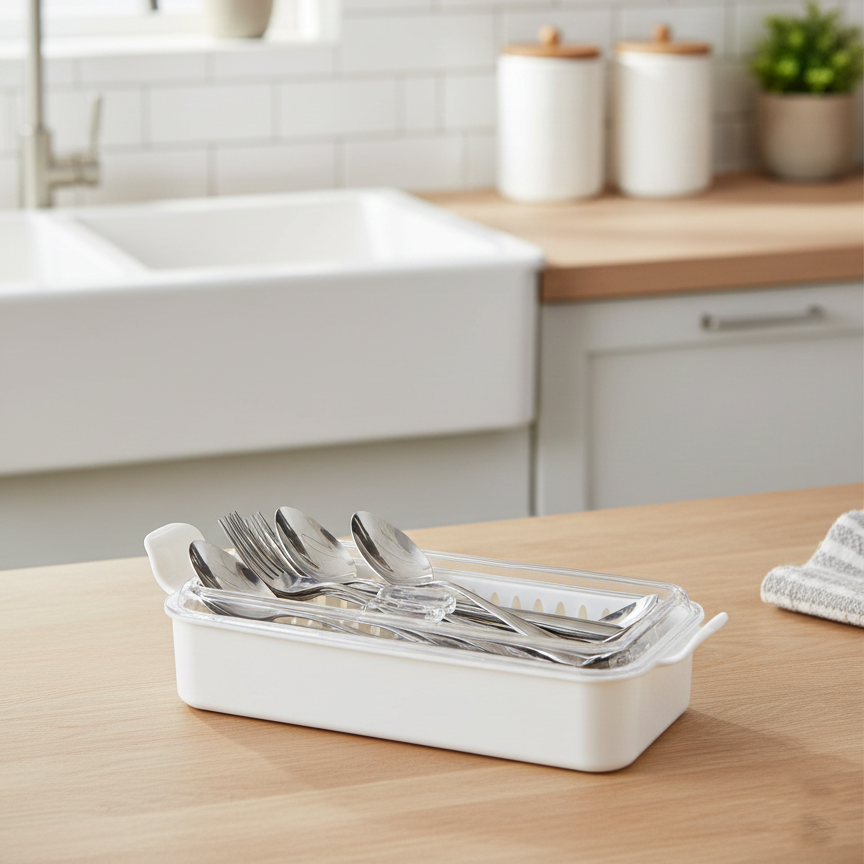 Cutlery Box with Lid and Drain